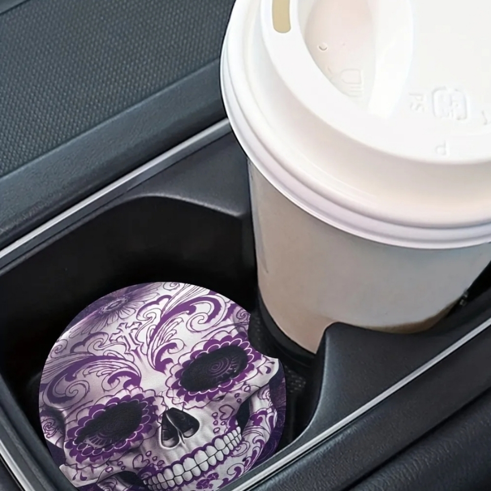 2pcs Purple Skull Print Car Coaster Set